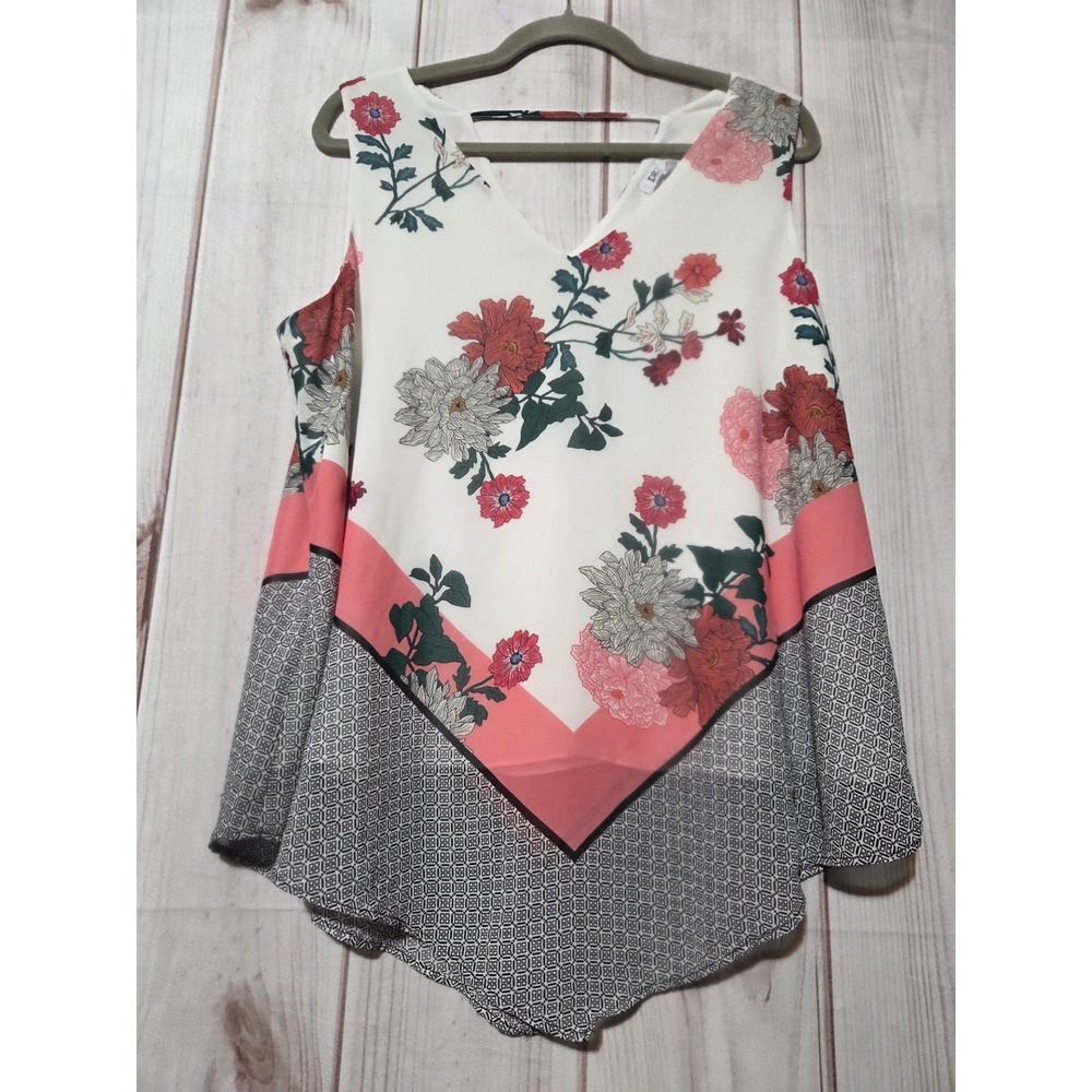 DR2 Anthropologie Womens Floral Chiffon V-Neck Sleeveless Blouse White Coral Lg